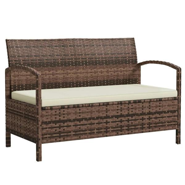 Brown wicker-style storage garden bench with fitted cushion and armrests