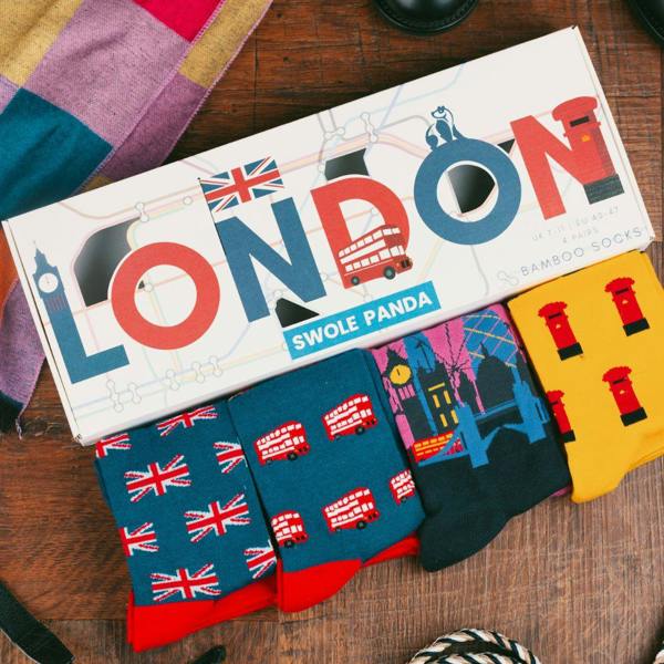 SWOLE PANDA 4-Pack Iconic London Bamboo Socks Gift Box Box - 4 Pairs of Bamboo Socks (His)