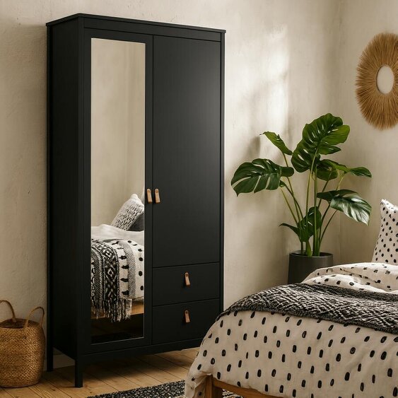 Wyld Haus Wildberry Matt Black Wooden Mirror Wardrobe  2 Doors 2 Drawers Leather Handles