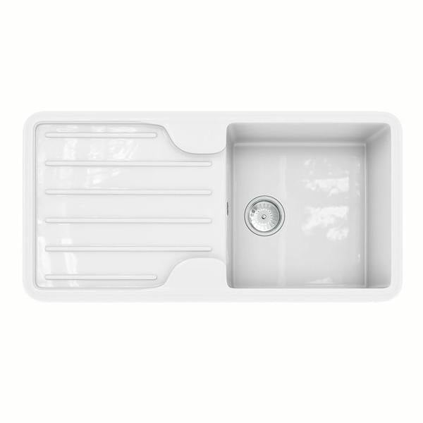 Flode Traditional Gloss White Comite Single Bowl Kitchen Inset Sink & Drainer | 1000 x 500mm | Supplied with Chrome Basket Strainer Waste