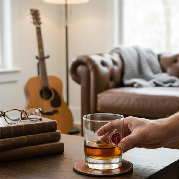 Handcrafted 11oz whisky tumbler with a real red Fender heavy guitar plectrum embedded in the glass wall, resting on a dark rustic wooden bar counter.