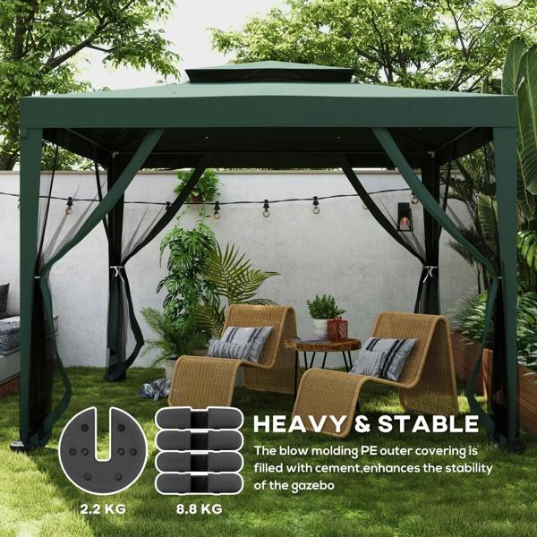 Dark gray tent leg weight bases helping stabilize canopy poles