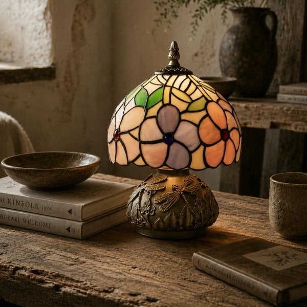 Wyld Haus Fasa Glass And Metal Pink Tiffany Dragonfly Table Lamp With Brass Base