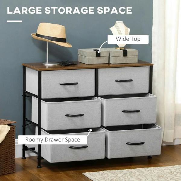 Grey fabric drawer dresser with wide wooden top, 6 drawers, and black steel frame