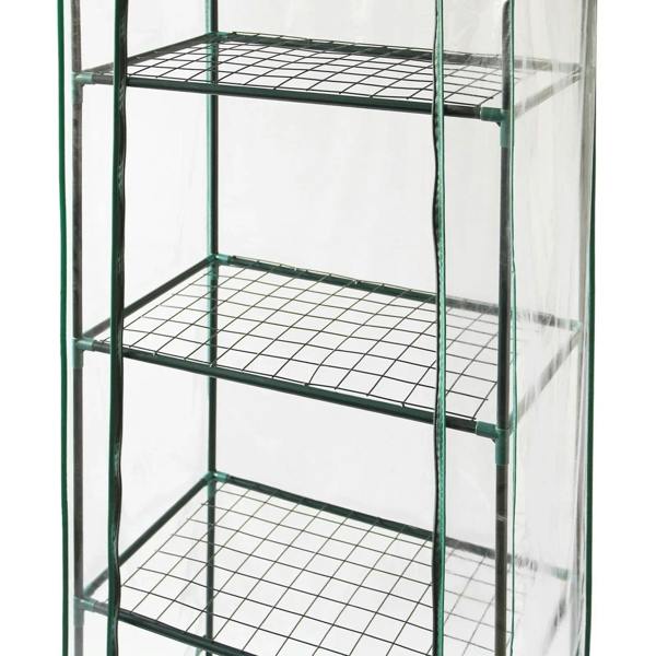 Mini greenhouse with four tiers, featuring a clear plastic cover, metal frame, and wire shelving for optimal plant growth