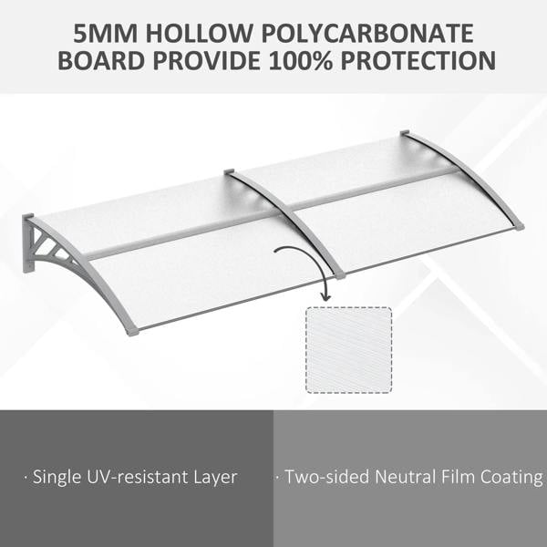Front door rain shelter canopy with clear polycarbonate board and gray structural frame
