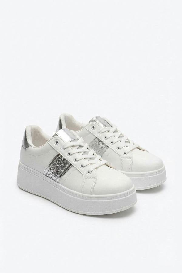 Malina Chunky Platform Glitter Detail Trainers - Silver_wb