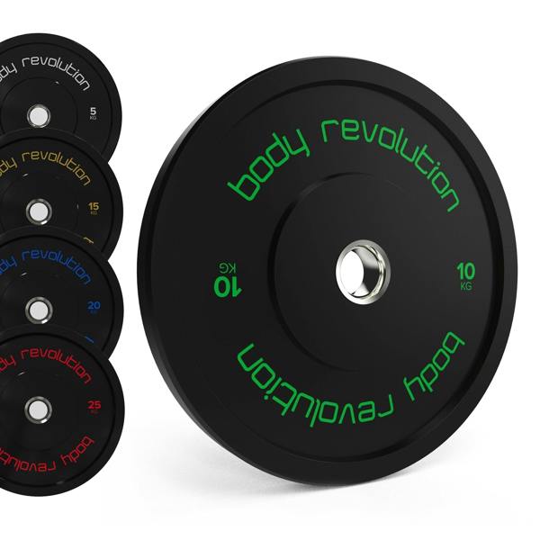 Body Revolution Olympic black bumper plates in various weights, featuring vibrant colored accents and a durable rubber texture