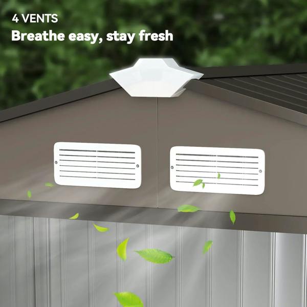 Brown metal garden shed roof with four rectangular ventilation louver vents