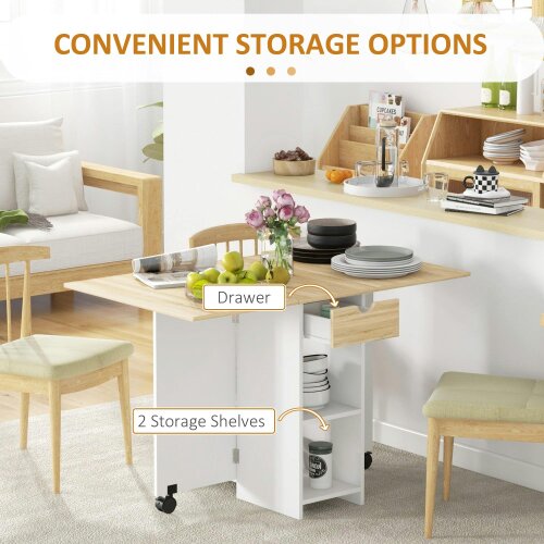 Wyld Haus Coyova Wooden Oak Folding Drop Leaf Dining Table With Drawer And Storage Shelves