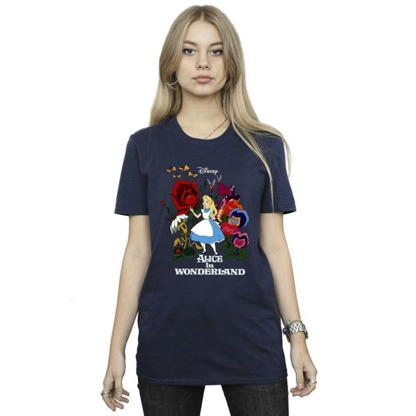 Disney Womens/Ladies Alice In Wonderland Flowers Cotton Boyfriend T-Shirt - Navy Blue