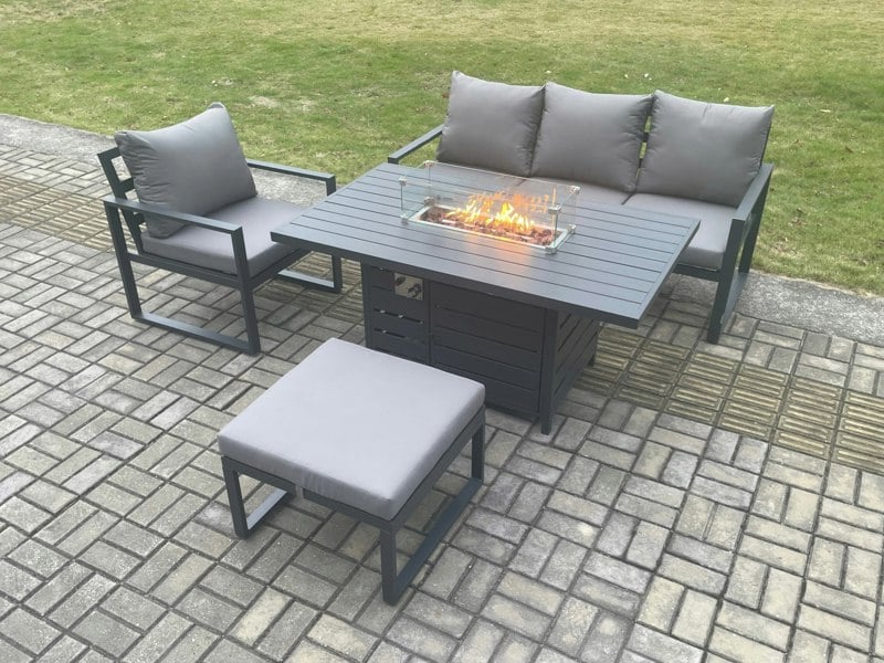Fimous Aluminium Outdoor Garden Furniture Set Gas Fire Pit Dining Table Set Gas Heater Burner with Big Footstool Dark Grey 5 Seater