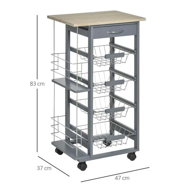Grey rolling cart with light wood top, drawer, wire baskets, and corner wheels