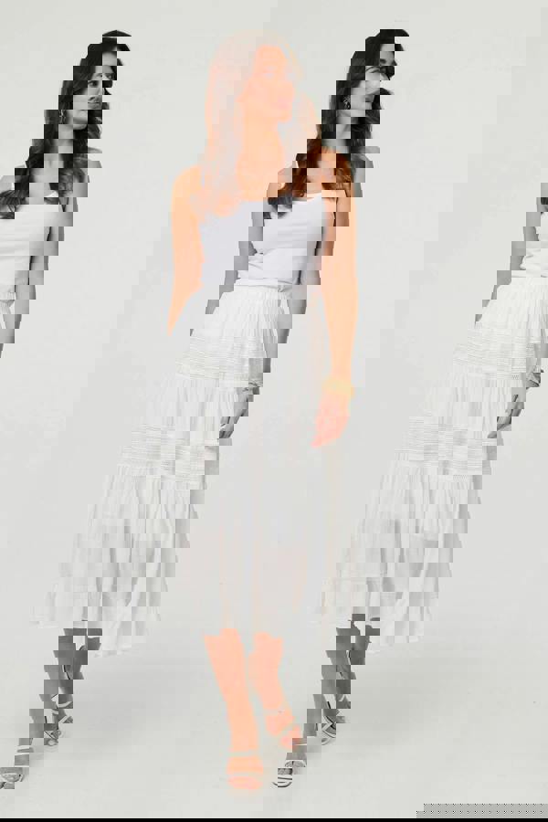 White | High Waist Lace Tiered Midi Skirt