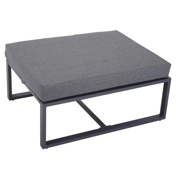 Grey outdoor ottoman footrest with thick padded top and dark aluminium frame