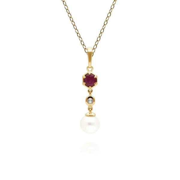 270P030102925 Modern Pearl, Ruby & Topaz Drop Pendant in Gold Plated Silver 1