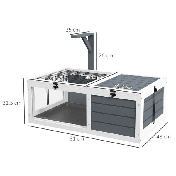 Grey and white wooden tortoise table with raised wire-mesh top and pull-out tray