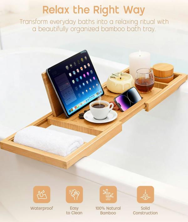 ADOV Extendable Bamboo Bath Tray, Adjustable Wooden Bathtub Caddy with Book, Tablet, Phone and Wine Glass Holder