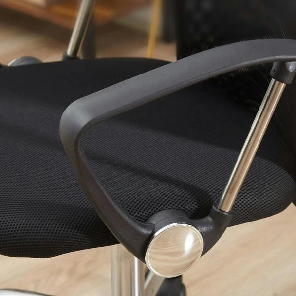 Black office chair seat with mesh panel and armrest support, close-up