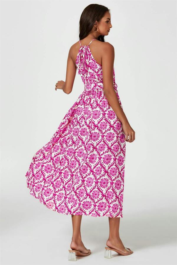 FS Collection Floral Print Tie Halterneck Maxi Dress In Pink