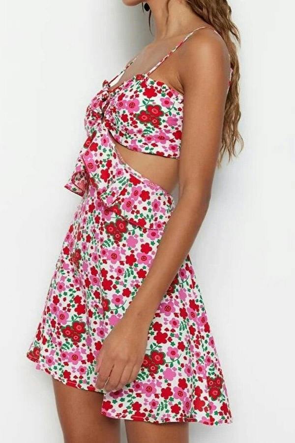 WOVCOR Floral Pattern Woven Cut-out Mini Beach Dress