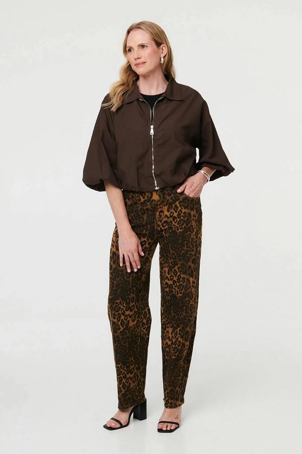 Brown | Zip Front 3/4 Sleeve Cropped Jacket
