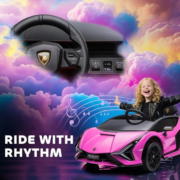 Pink electric kids ride-on car interior with steering wheel and control panel