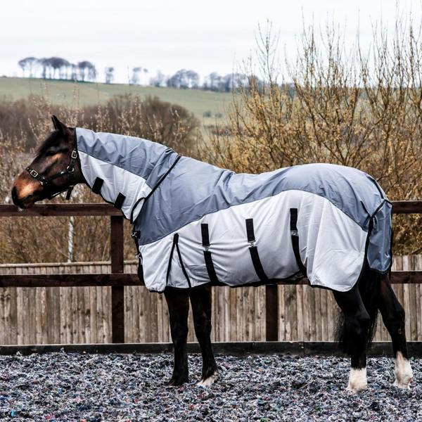 eQuitack 600D 2 in 1 Waterproof Fly Turnout Mesh Horse Rug Fixed Neck Grey/Silver 5'6''