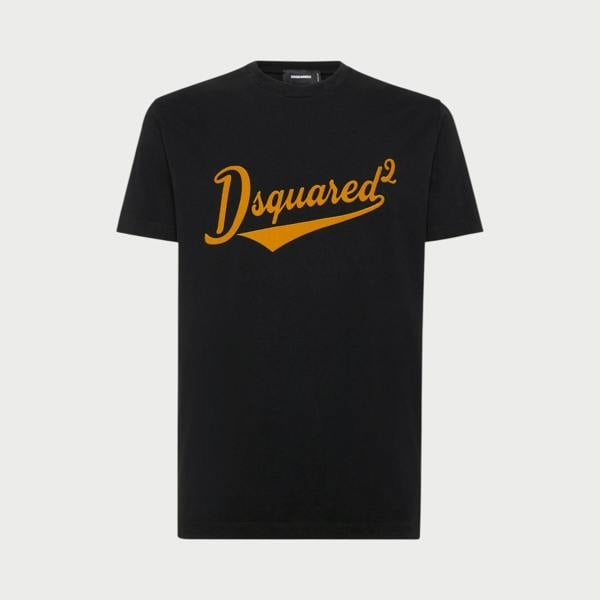 Supplied Fashion black short-sleeve T-shirt featuring a prominent orange velvet Dsquared2 logo on the chest.