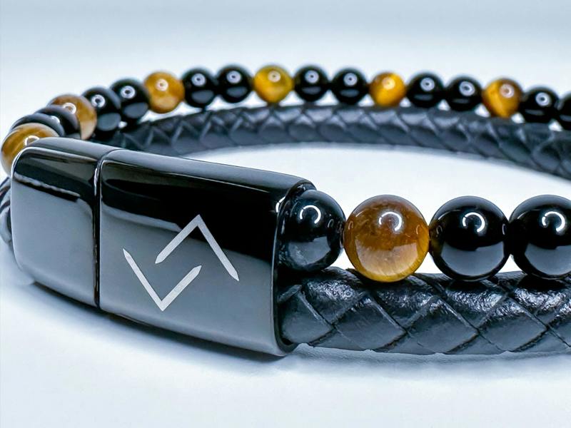 RUNESILK Leather, Onyx and Brown Tiger's Eye Bead Bracelet