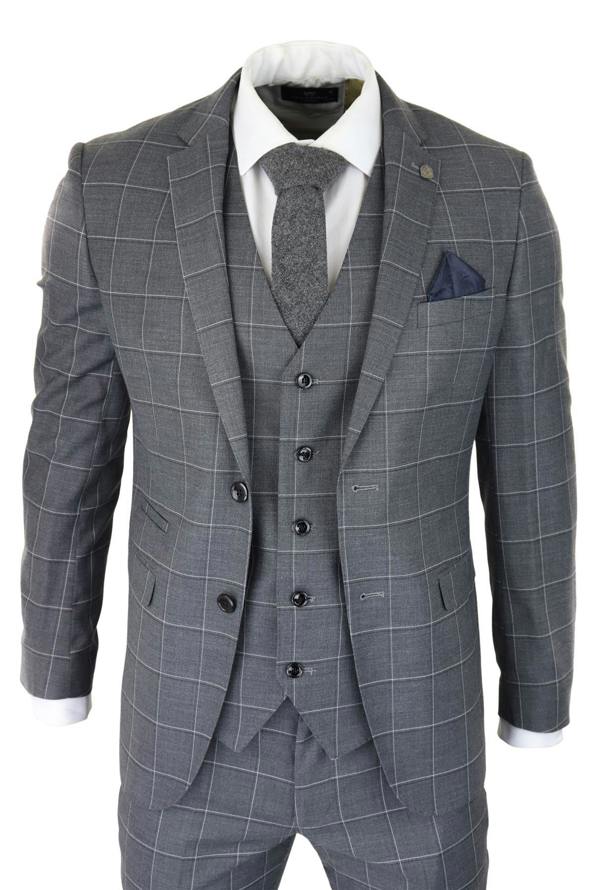 Paul Andrew Mens Grey Suit 3 Piece Check Vintage Retro Smart Wedding Classic Tailored Fit