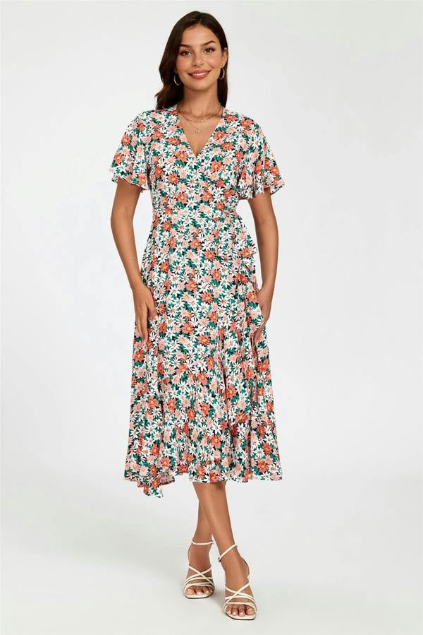 FS Collection Daisy Print Midi Wrap Dress In Pink