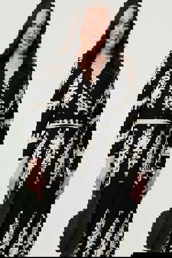 Black | Curve Ikat Print 3/4 Sleeve Wrap Maxi Dress