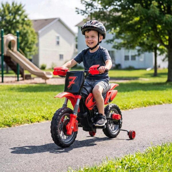 12V Kids Electric Motorbike, Ride on Motorcycle with Dual Motors, Training Wheels, Rear Suspension for 3-6 Years, Red