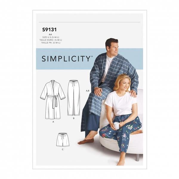 Simplicity Sewing Pattern 9131, Robes, Trousers, Shorts, Pyjamas for Men, Women, AA (S-M-L) - Intermediate