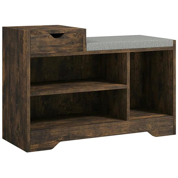 Rustic brown wooden shoe bench with gray upholstered seat and front drawer