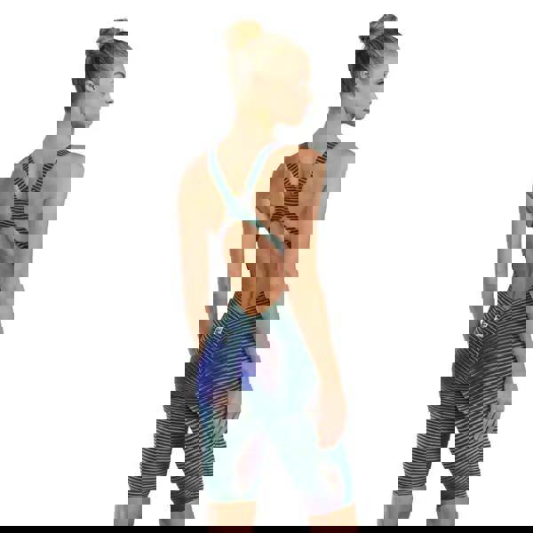 Vibrant multi-colored TYR Avictor 2.0 Luminis Open Back shorts with surface lift tech