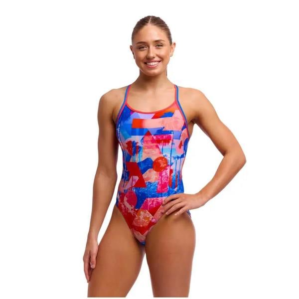 Funkita Miss Adventure Diamond Back swimsuit in blue red abstract print