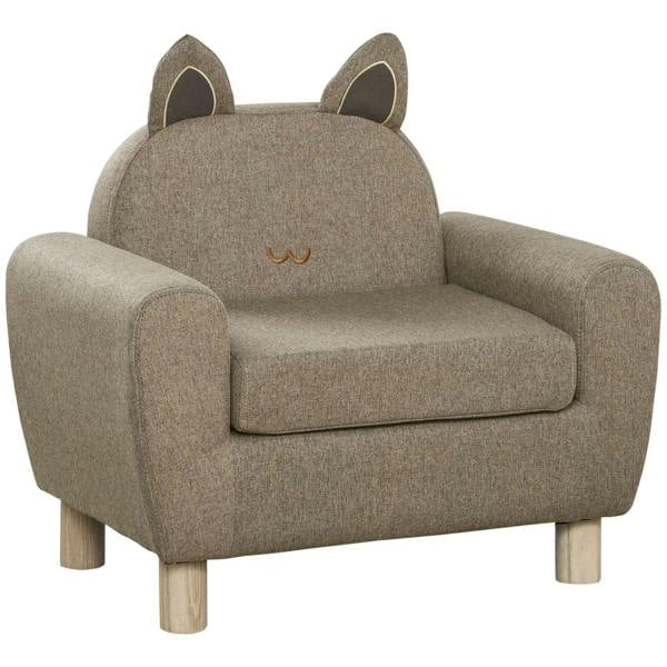 Kids toddler armchair with cat-ear back, brown upholstery seat, and wooden legs