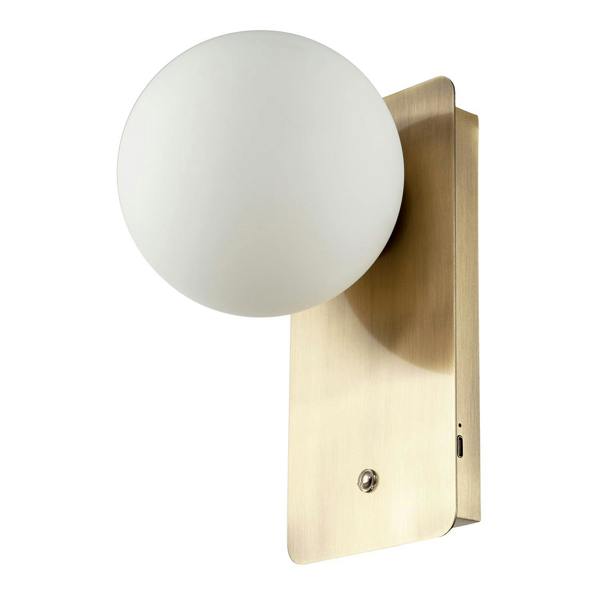 Antique Brass Rechargeable Wall Light with Opal Globe Glass Shade Image 5