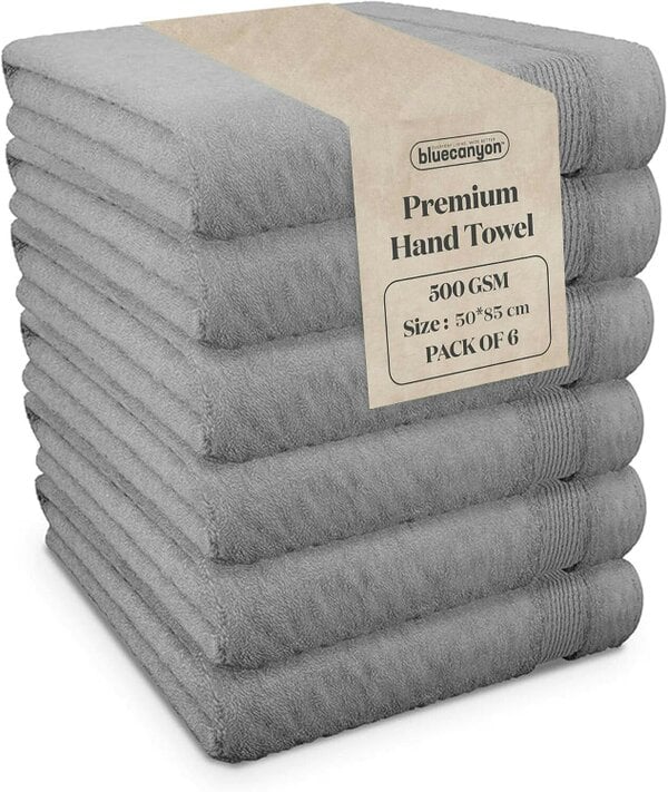 Blue Canyon Premier 100% Cotton Hand Towels 6 Pack 500 GSM - Grey, 50 x 85cm