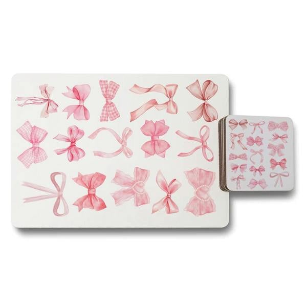 Benjamin Tate Design Exclusive Designer Artwork Collection Pink Bow Placemat And Coaster Set With Wood Bottom Finish