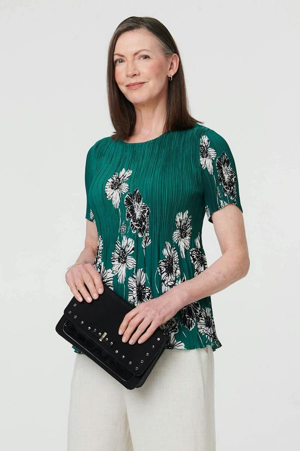 Green | Floral Pleated Texture Short Sleeve Top