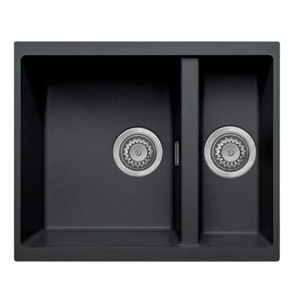Austen & Co. Florence Inset & Undermount 1.5 Bowl Reversible Granite Kitchen Sink With Strainer & Over Flow Kit - Black