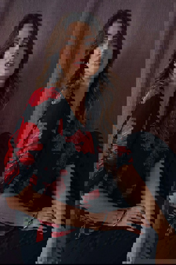 Red | Floral Semi Sheer Puff Sleeve Blouse : Model is 5'9"/175 cm and wears UK10/EU38/US6/AUS10
