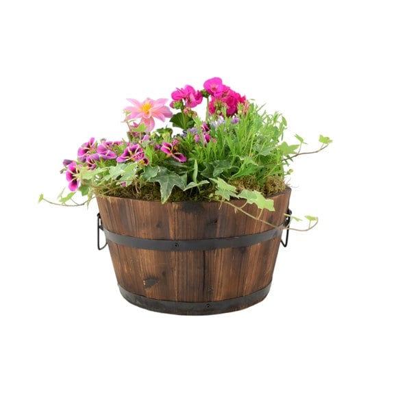 Seasonal Planted Wooden Barrel – 30cm Rustic Outdoor Planter Plants By Post