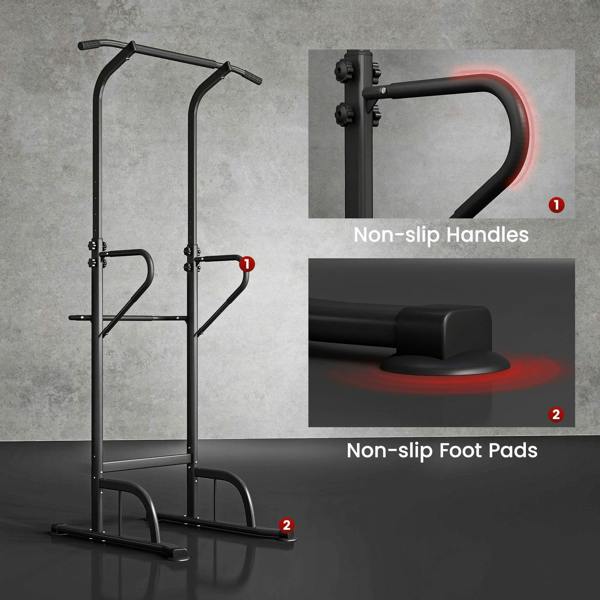 Black power tower with non-slip handles and rubber foot pads for stability