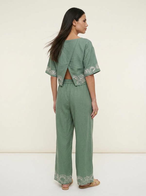 Raffya Milly Wide Leg Embroidered Trouser In Green