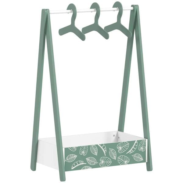 Green leaf-themed kids clothing rack with three hangers and storage shelf