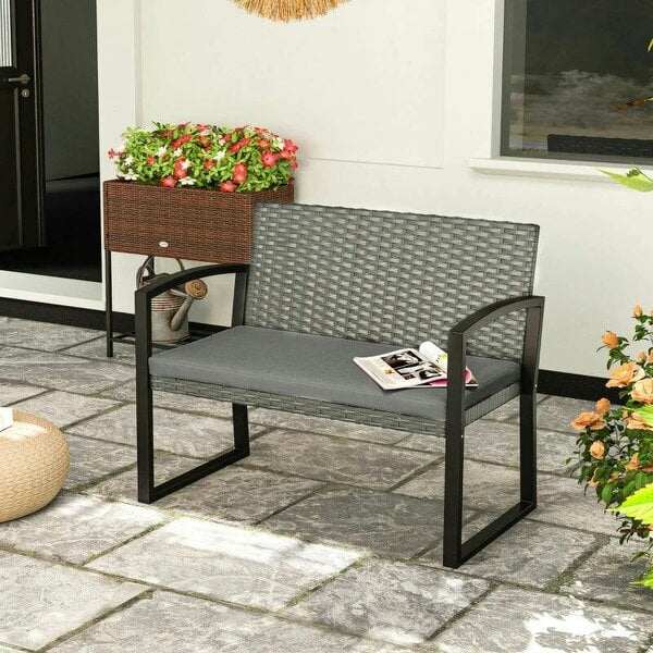 Two-Seater Rattan Garden Bench - Light Grey - Dark Grey